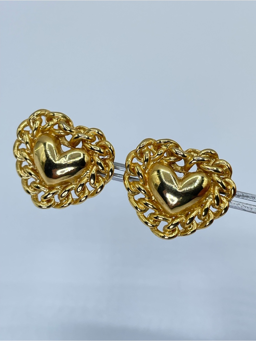 Gold Tone Heart Stud Earrings Chain Border Dainty Romantic Statement